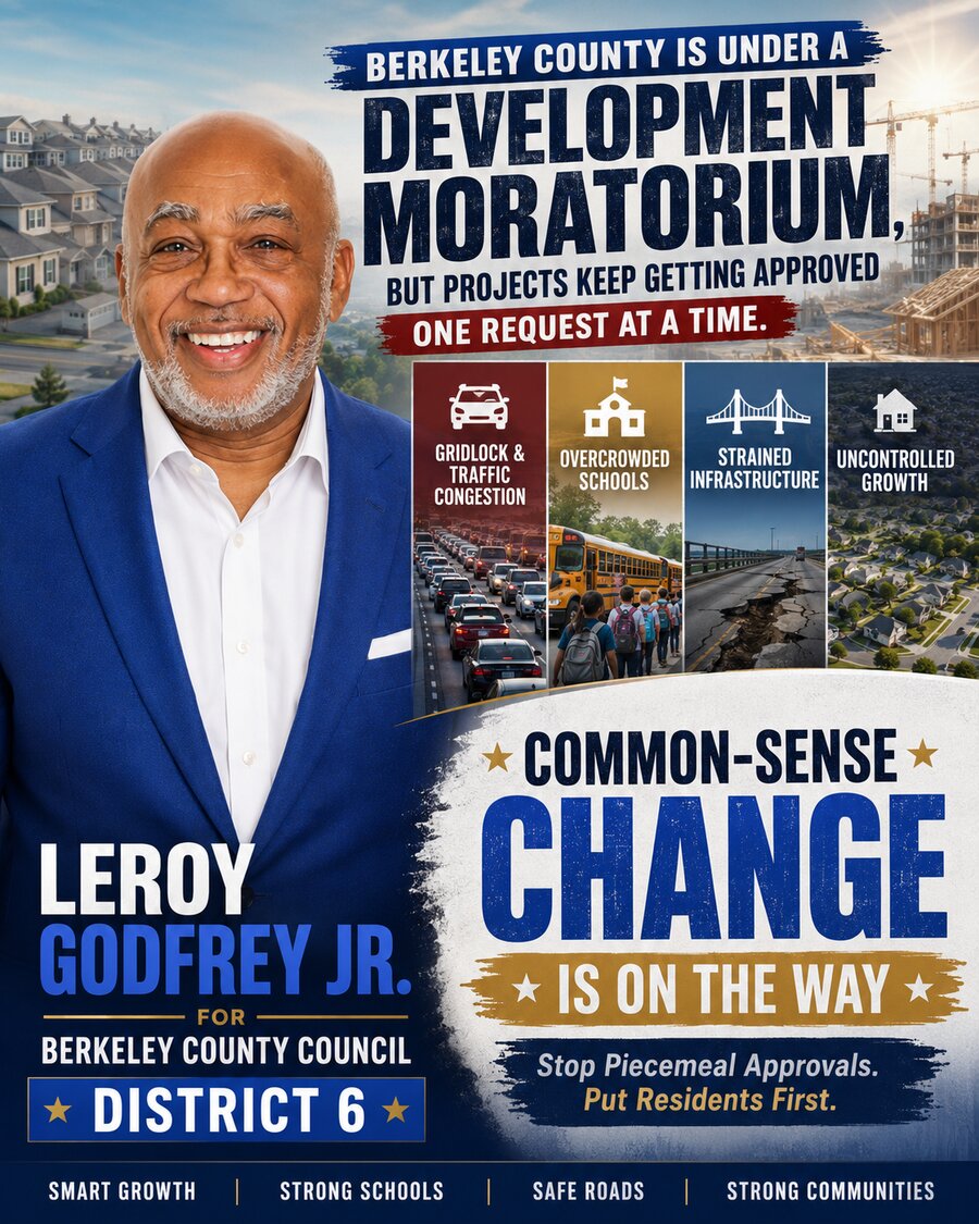 Campaign graphic: Berkeley County is under a development moratorium, but projects keep getting approved one request at a time — gridlock, overcrowded schools, strained infrastructure, uncontrolled growth