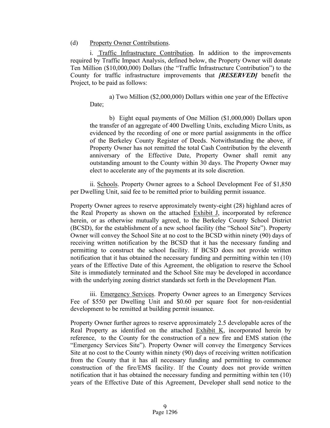 Exhibit — Development Agreement: $10M road contribution and payout terms (packet p. 1296)