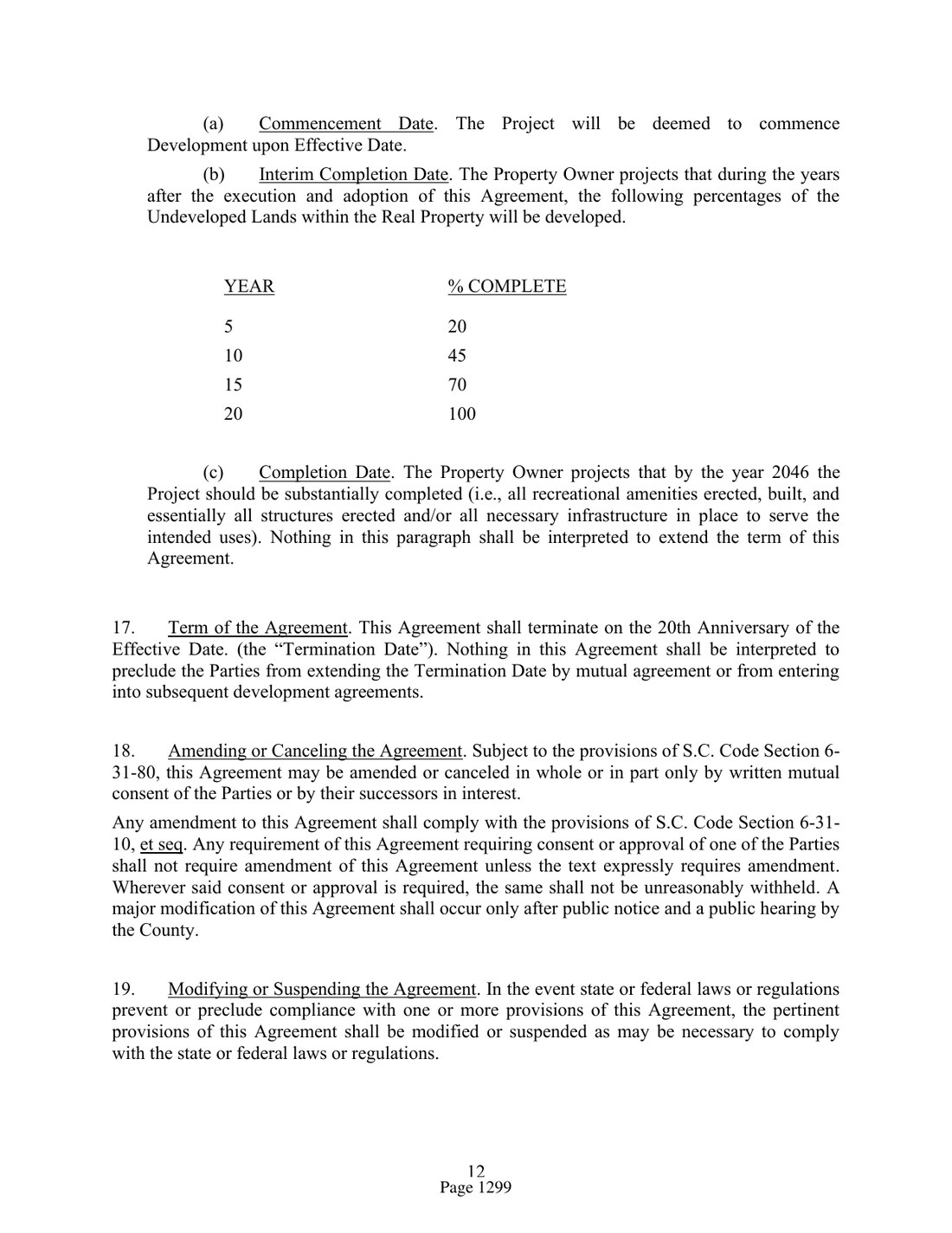 Exhibit — Development Agreement: 20-year term, with “[RESERVED]” blanks still in the text (packet p. 1299)