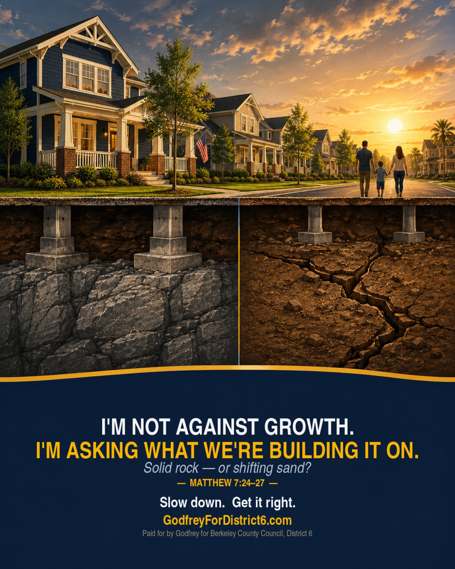Two identical neighborhoods — one built on solid rock, one on cracked, shifting ground. I'm not against growth. I'm asking what we're building it on. Matthew 7:24–27.